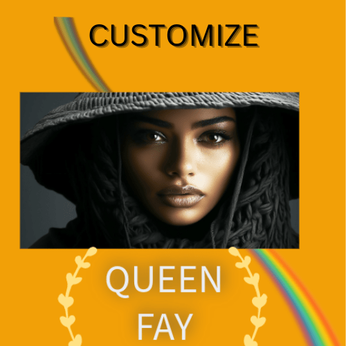 This logo shows the author Queen Fay with the word Customize on top of the picture.